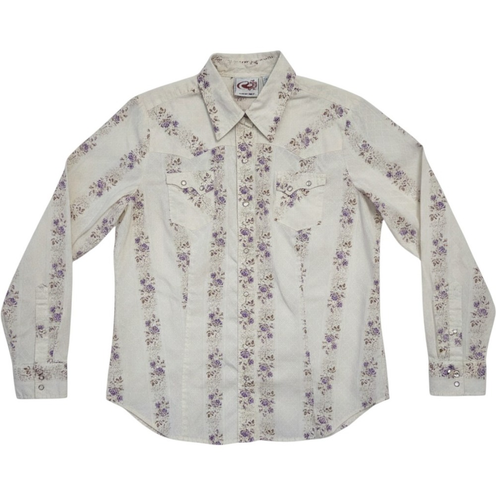 Roper Womens XL Western Snap Shirt Purple Floral Stripe Cotton Cream Jacquard